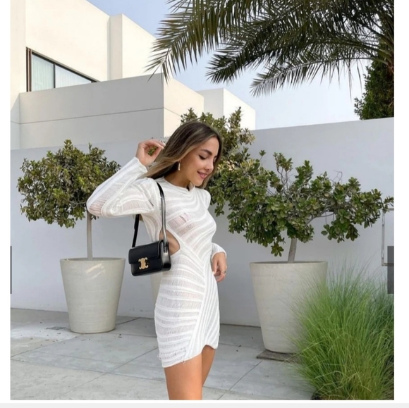 Asymmetrical Ripped Cut Out Knit Long Sleeve White Mini Dress, Size XL - Picture 3 of 16